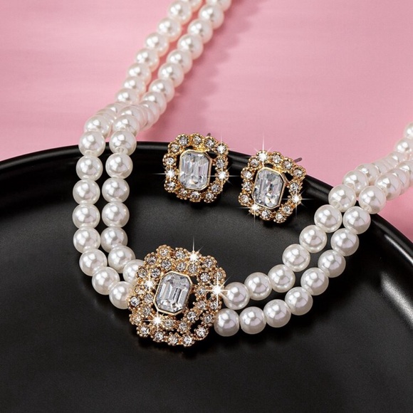 1 Set Double Layers Imitation Faux Pearl & Geometric Full Of Rhinestone Design - Picture 3 of 4